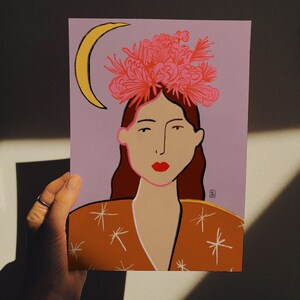 Flower Crown girl portrait art print moon and stars artwork home wall decor girl with brown hair illustration Frida Khalo red lips image 5