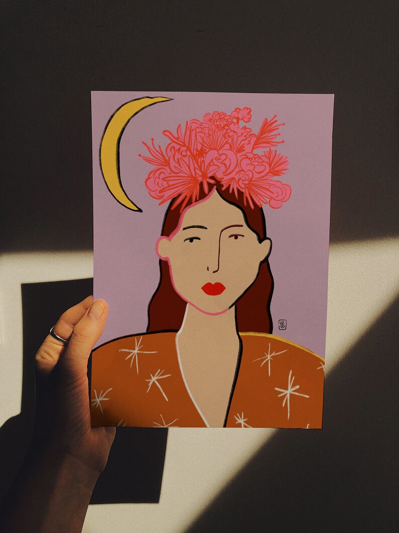 Flower Crown girl portrait art print moon and stars artwork home wall decor girl with brown hair illustration Frida Khalo red lips image 5