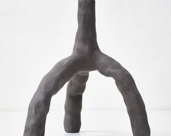 Black hand-built ceramic rough texture tripod candle holder