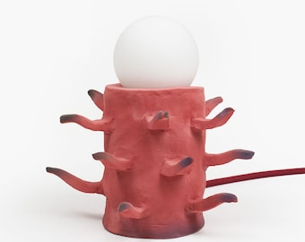 Hand-built ceramic red lamp with spikes