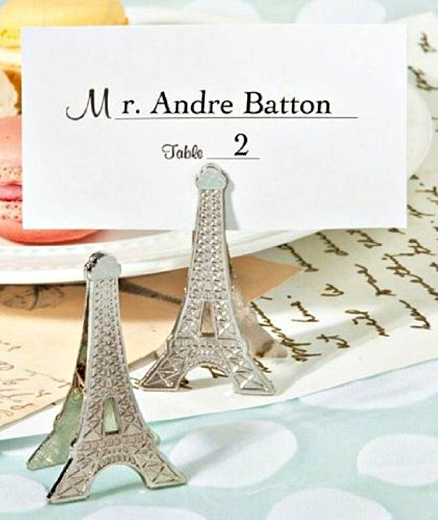 Eiffel Tower Design Set of 6 Place Card Holder 2" high Silver Metal 