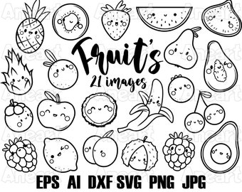 Cute fruit clip art, kawaii fruit clip art, cute fruit svg, cute food svg, happy fruit svg, fruit svg, png, cricut svg, fruit svg cut file