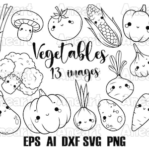 Kawaii vegetables SVG, cute food SVG, cute vegetables png, cutting file, food clipart,  tomato, pumpkin, broccoli, carrot, corn, garlic, png