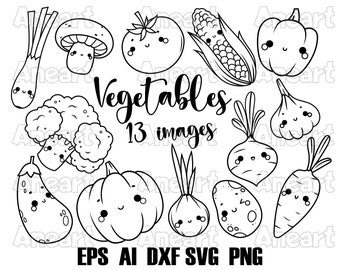 Kawaii vegetables SVG, cute food SVG, cute vegetables png, cutting file, food clipart,  tomato, pumpkin, broccoli, carrot, corn, garlic, png
