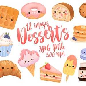 Conjunto de clipart de sobremesas Kawaii - comida kawaii - comida fofa - bolos - cupcake - donut - sorvete - panqueca - croissant - biscoito - nutella - png