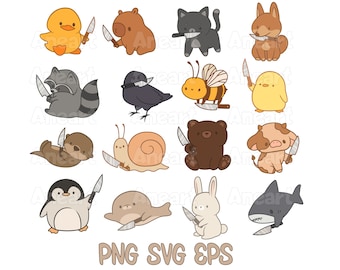 Cute animals with knife png, animals knife, halloween animals png, halloween clip art, kawaii animals png, scream png, cute animals clip art