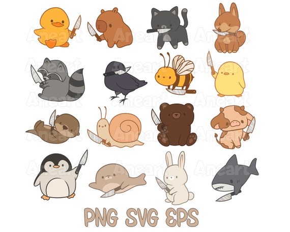 Cute animals with knife png, animals knife, halloween animals png,  halloween clip art, kawaii animals png, scream png, cute animals clip art