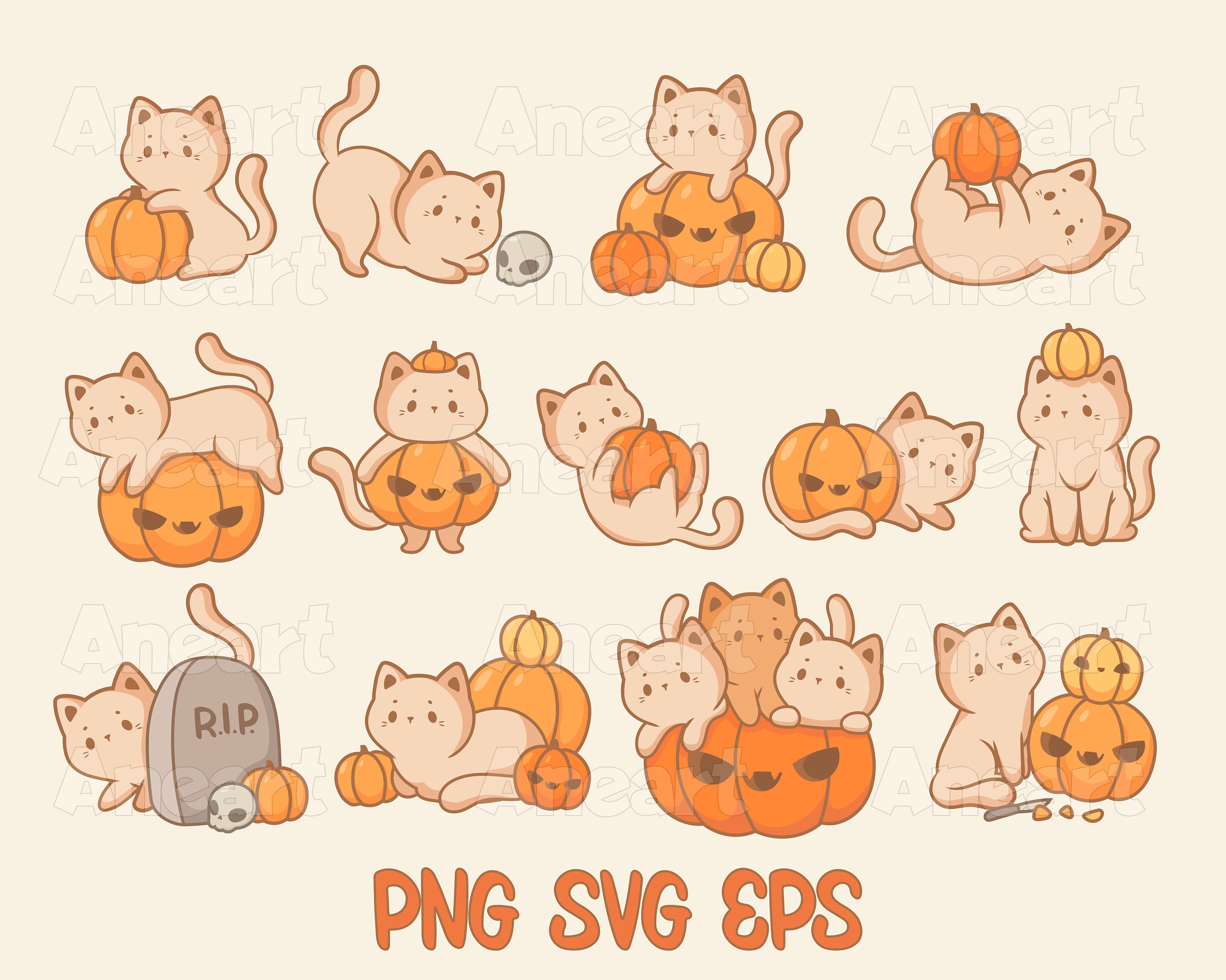 Halloween cat svg bundle, cat and pumpkin svg, kawaii cat svg, kawaii halloween svg, kawaii animal svg, fall, season, spooky, PNG, EPS