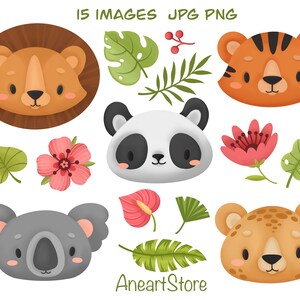 Clipart de animales de Safari - Clipart de cara de animal - Clipart de animales de la selva - Clipart de animales de bebé - Animales africanos - León - Tigre - Panda