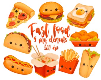 Cute Fast Food clip art, Kawaii food, Junk food clip art, Pizza clip art, Hamburger clip art, Hot Dog clip art, Fries clip art, Food PNG