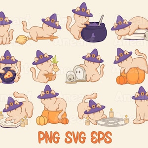 Halloween cat svg bundle, kawaii halloween svg, kawaii cat svg, halloween witch cat, witch cat clip art, witch svg, spooky, magic svg, eps