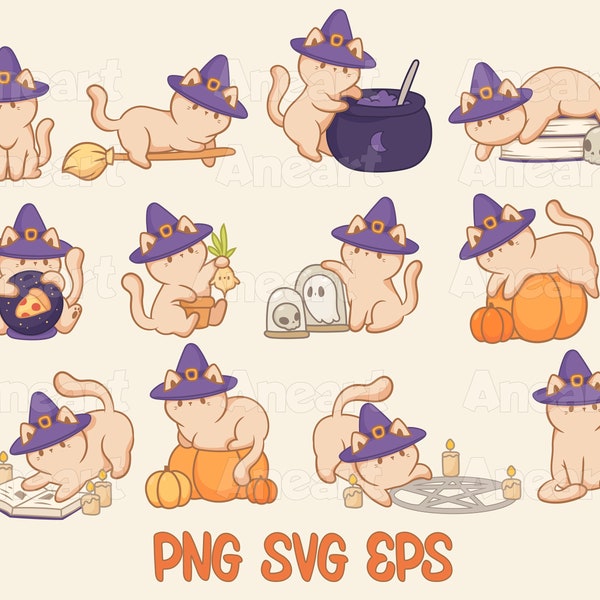 Fascio di Halloween gatto svg, kawaii halloween svg, kawaii gatto svg, gatto strega halloween, clipart gatto strega, strega svg, spettrale, magia svg, eps