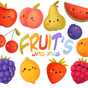 Clipart di frutta - clipart di frutta kawaii - frutta estiva - clipart di frutta con faccia - frutta png - mela - fragola - lampone- limone