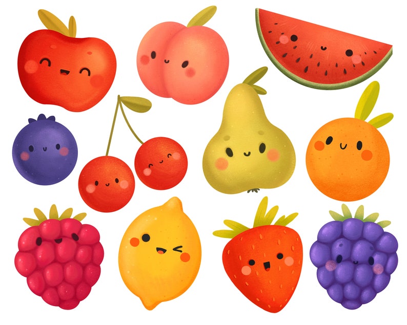 Fruits Clipart Kawaii Fruits Clipart Summer Fruit Etsy