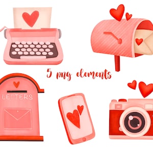 ClipArt di San Valentino, clipart d'amore, png di San Valentino, San Valentino stampabile, cassetta postale, macchina fotografica, telefono, tipewriter, clipart cuore, png d'amore