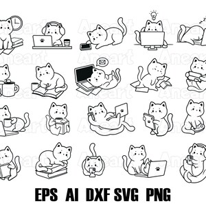 Svg de chat de travail, svg de chat drôle, chat avec ordinateur portable, svg de travail, svg d'étude, svg de retour à l'école, fichier coupé de chat, svg de chat de gamer, clipart d'école