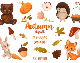 Woodland animals clipart - Autumn clipart - Fall clipart - Forest Animals Download - Bear - Fox - Squirrel - Hedgehog - Instant Download