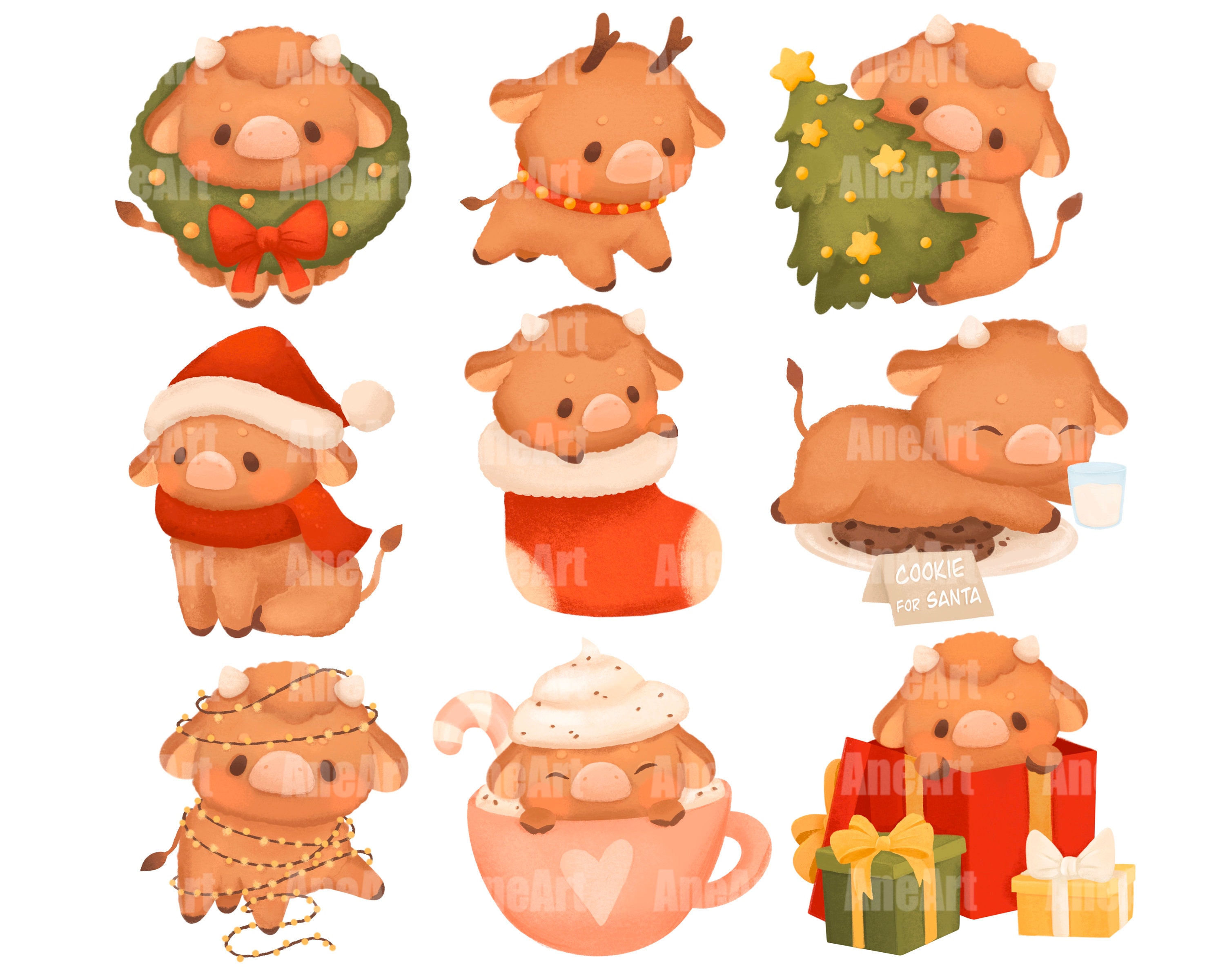 Christmas Cow Clip Art, Kawaii Cow Png, Kawaii Christmas, Kawaii