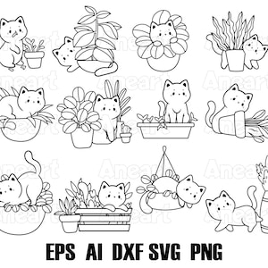 Cats and plants svg, cat lovers, cats with plants line art, cat clip art, plant lady svg, flowers svg, cat and flowers svg, png, eps, dxf