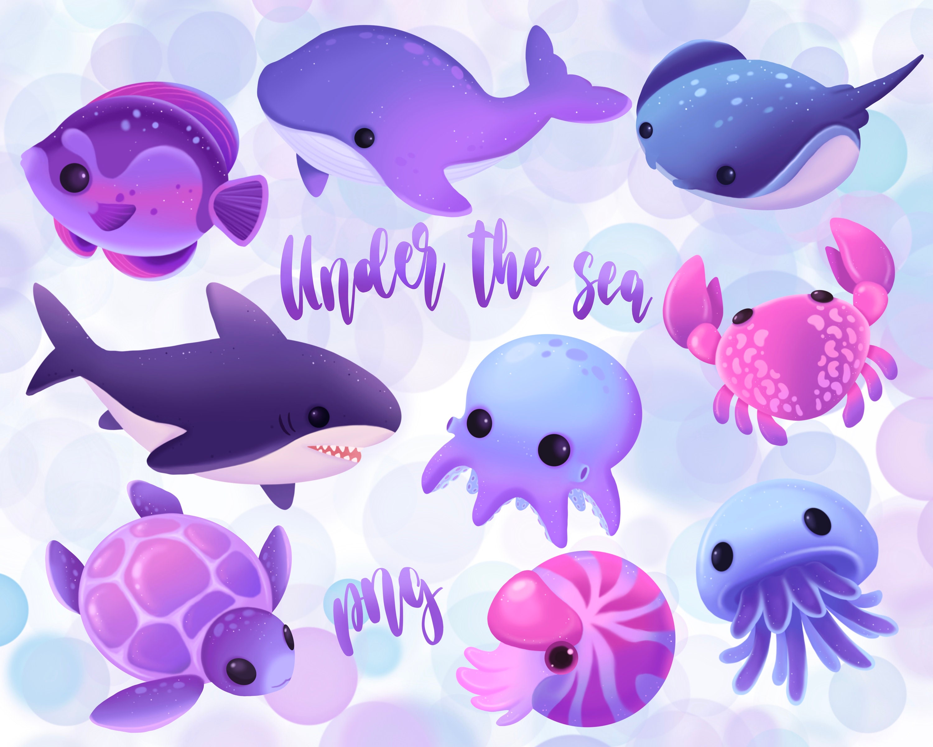 Cute sea animals clip art, ocean baby animals png, kawaii animals, fish,  crab, octopus, jellyfish, turtle, cramp-fish, whale, under the sea