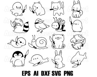 Cute animals with knife svg, animal knife, animal halloween svg, kawaii animals svg, cat with knife, murder animals, halloween svg, png, eps
