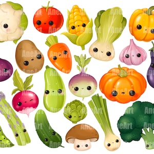 Clipart de légumes, légumes kawaii, nourriture kawaii, nourriture heureuse, nourriture de dessin animé, nourriture saine, brocoli, tomate, maïs, pomme de terre, carotte, pois