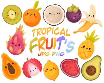 Tropical fruit clipart - summer fruit - kawaii fruit clipart - fruit’s with face - fruit png -  tropical clipart -  cute fruits