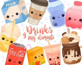 Cute kawaii drinks clip art, food clipart, coffee PNG, lemonade, bubble tea, boba, soda, milk, juice clipart, drinks PNG, bottle clipart
