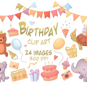 Party animals clipart - Birthday clipart - Birthday Cake clipart - Gift clipart - Balloons clipart - Cupcake clipart - Instant Download