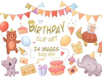 Party animals clipart - Birthday clipart - Birthday Cake clipart - Gift clipart - Balloons clipart - Cupcake clipart - Instant Download