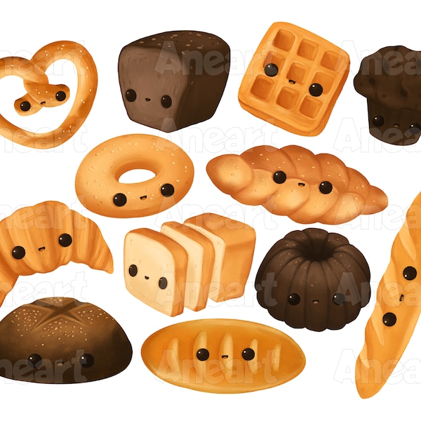 Cute kawaii bread clip art, kawaii food clip art, bread png, bakery png, kawaii breakfast, food png, bread illustration, food sublimation