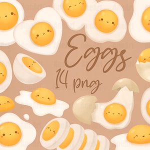 ClipArt di uova kawaii carine, png di uova, frittata kawaii, clip art di cibo kawaii, clip art per colazione, png di cibo carino, colazione kawaii, uova fritte