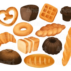Prediseñadas de pan, panadería png, imágenes prediseñadas de comida, imágenes prediseñadas kawaii, comida horneada, croissant, baguette, tostadas, pan, pretzel, bagel, comida linda png