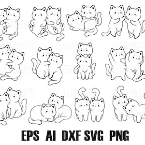Lindo gato svg, pareja de gatos, gatos kawaii svg, clip art de gato, gatito svg, amantes de los gatos svg, amor svg, san valentín svg, contorno de gato svg, gatito svg