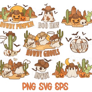 Western halloween bundle, cowboy halloween, halloween png, cowboy png, howdy pumpkin png, boo haw png, ghost png, retro halloween svg, eps