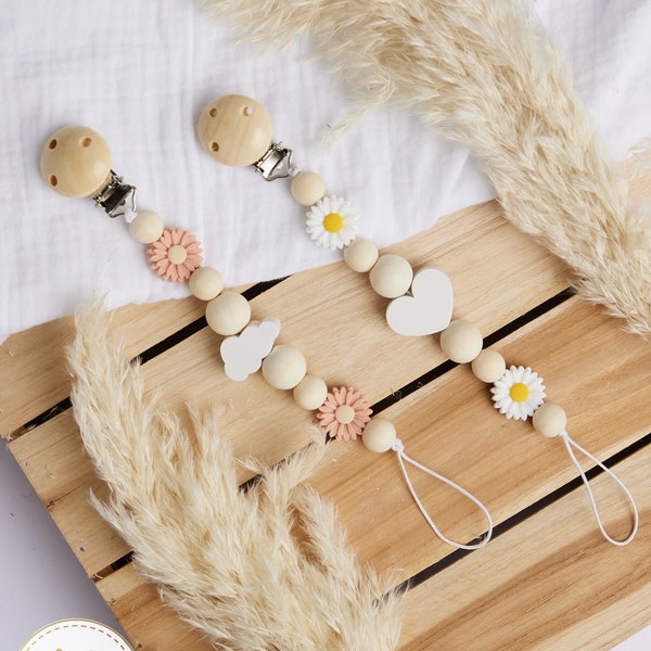 Schnullerkette aus Holz personalisiert Blumen Schnuller Baby Geburt Geschenk Geschenkidee Gänseblümchen Wolke Herz