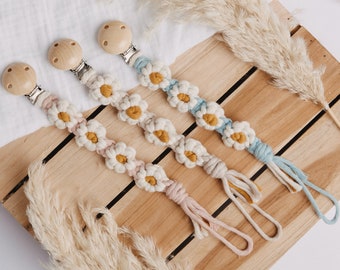 Makramee Schnullerkette Gänseblümchen Blumen Schnuller Baby Geburt Geschenk Geschenkidee