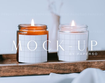 9 OZ Duo Candle Labels Mockup, Sticker Smart Object Branding Product Mockup