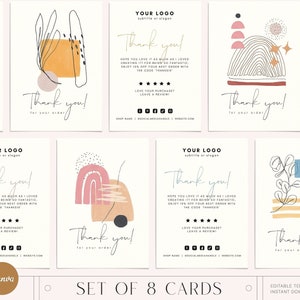 8 x plantilla de tarjeta de agradecimiento, tarjetas de inserción de paquetes imprimibles editables para pequeñas empresas, plantillas de Canva de tarjetas de agradecimiento de doble cara