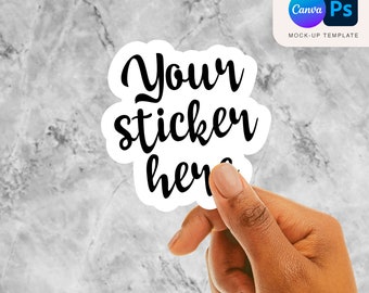 Hand Holding Sticker Mockup: Photoshop & Canva (PSD, PNG)
