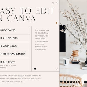 May include: A white and beige digital template with the text "EASY TO EDIT IN CANVA" in black. The template lists features such as "CHANGE FONTS", "EDIT ALL COLORS", "ADD YOUR LOGO", "USE YOUR OWN IMAGES", and "EDIT ALL TEXT". The template also includes a disclaimer that it cannot be redistributed or resold. The image also shows a computer screen, a coffee pot, a mug, a camera, and a wicker chair.