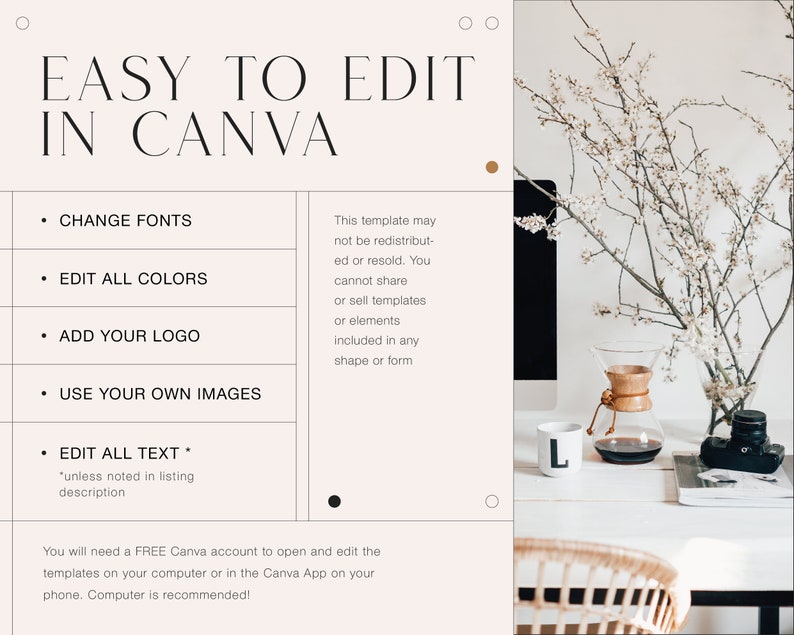 May include: A white and beige digital template with the text "EASY TO EDIT IN CANVA" in black. The template lists features such as "CHANGE FONTS", "EDIT ALL COLORS", "ADD YOUR LOGO", "USE YOUR OWN IMAGES", and "EDIT ALL TEXT". The template also includes a disclaimer that it cannot be redistributed or resold. The image also shows a computer screen, a coffee pot, a mug, a camera, and a wicker chair.