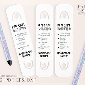 Suporte de caneta SVG, cartão de cuidado de caneta epóxi SVG, instruções de cartão de cuidado de caneta, cartão de exibição de caneta, embalagem de caneta com brilho epóxi, download instantâneo
