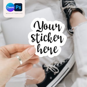 Hand Holding Sticker Mockup: Canva, Photoshop (PSD File)