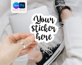 Hand Holding Sticker Mockup: Canva, Photoshop (PSD File)