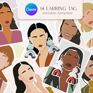 14 bewerkbare Canva Earring-displaykaartsjabloon, Earring-tags, vrouwelijke illustratie Earring-verpakkingsinzet