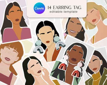 May include: A digital collage of illustrations of women wearing various colorful earrings. The earrings are made of different materials, including clay and metal. The collage is designed to be used as a template for earring tags.