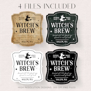 May include: Four digital designs for Halloween. Each design features a label with the text "Witch's Brew" and a witch on a broom. The labels are in various colours: tan, dark green, white, and black. The text "Salem, MA" is also included.