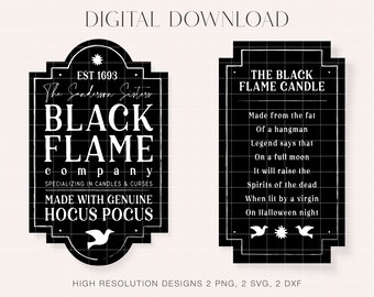 Black Flame Company Candle Label SVG, DVF, Sanderson Sisters Halloween Candles Curses, Hocus Pocus PNG, Witches Cricut Design