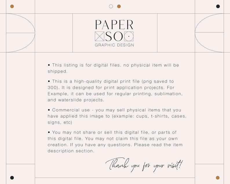 May include: A digital design image with the text "PAPER SOO GRAPHIC DESIGN." The image has a beige background with geometric shapes and text. The text includes information about digital files, print applications, and commercial use.